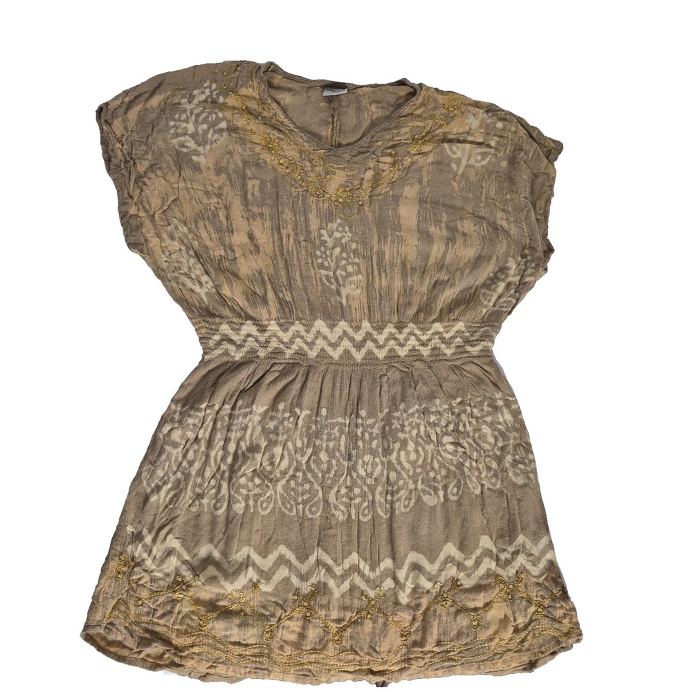 Advance Apparels Tunic Top Womens Free Size L Brown Tie Dye‎ Elastic Waist Boho